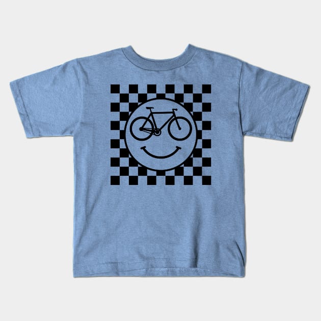 Funny Bicycle Happy Bike Smiley Face Black Checkers Kids T-Shirt by PnJ